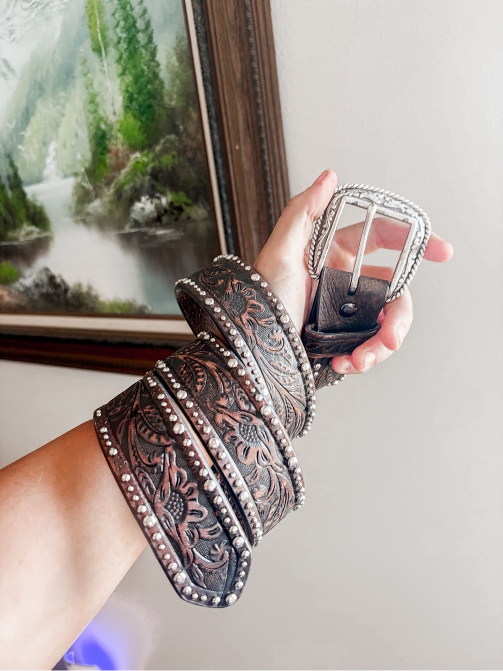 Tooled Floral Brown Leather Belt with Silver Buckle